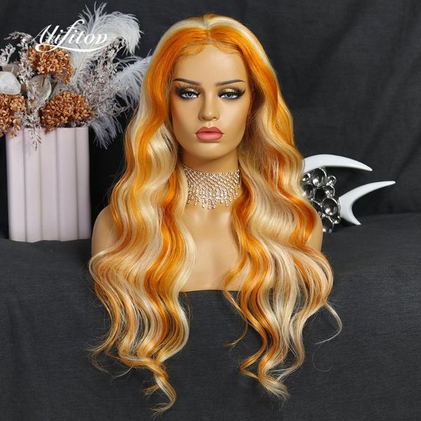 

lace wigs alifitov 613 orange front body wave human hair highlight pre-plucked remy transparent for women, Black;brown