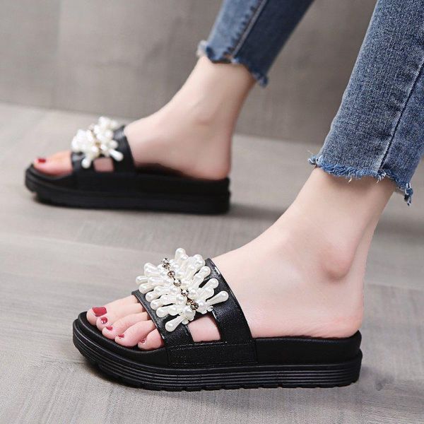 

rimocy luxury string bead thick platform slippers women summer casual outdoor flat beach slides woman open toe rubber shoes lady, Black