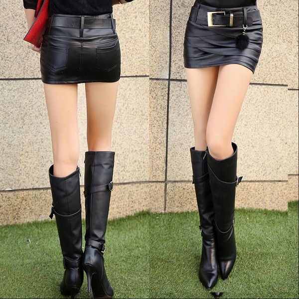 

autumn and winter pu women skirts leather short slim package hip dq837, Black