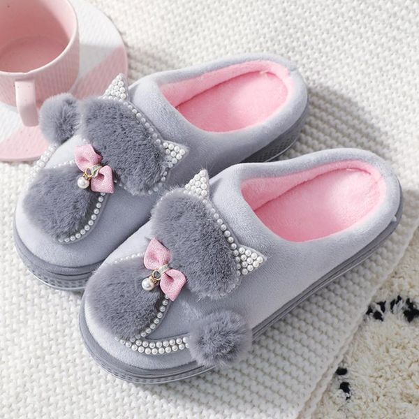 

puimentiua women cotton slippers cute cat ladies platform indoor shoes for home female, Black