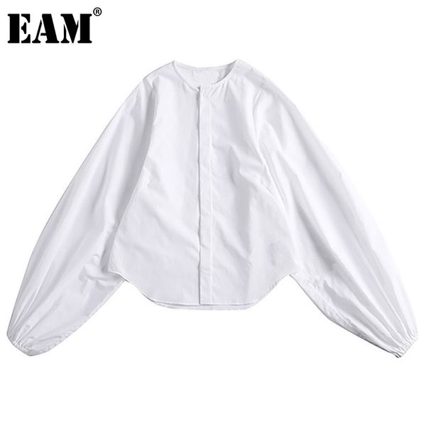 

[eam] spring summer stand collar long lantern sleeve temperament white loose shirt women blouse fashion ji516 21512