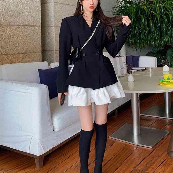 

two piece dress v-neck waist fork suit short coat women spring high fluffy skirt zrce, White