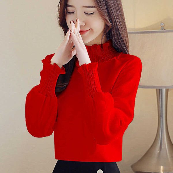

spring autumn women vintage turtleneck casual blouse shirt women bottom chic blusas femininas blusas df2270 210609, White