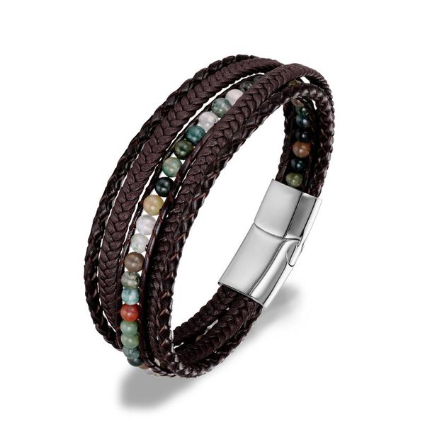 

tennis qitis 2021 fashion stone beads stainless steel chain genuine leather bracelet men vintage male braid jewelry for women 8.5in, Golden;silver