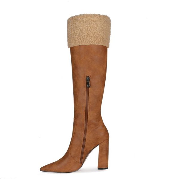 

boots olomm handmade women winter knee high-heeled square beautiful black brown shoes leaping party high points from foot of size usa 5203