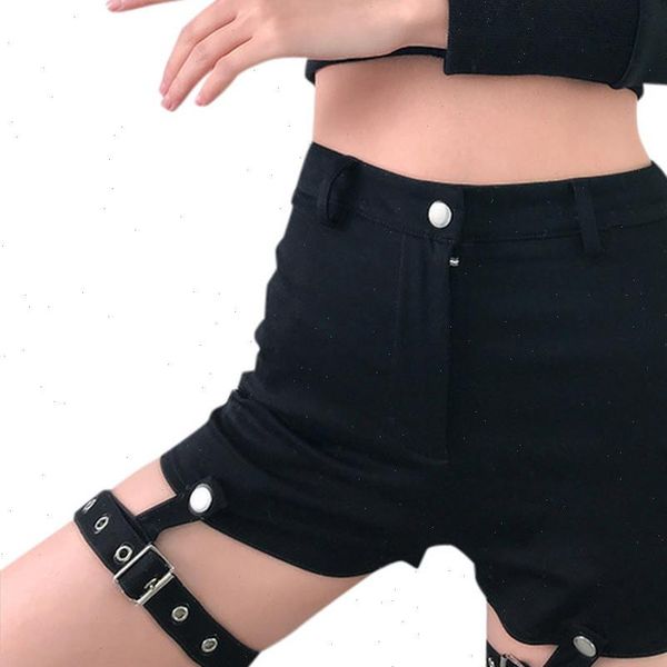 

womens shorts women high waist gothic leather buckle bandage denim black hollow nightclub party summer mujer js5, White;black