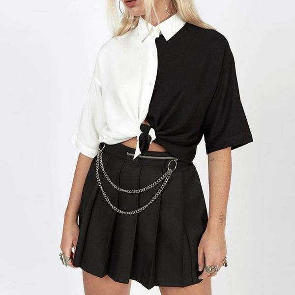 

women's t-shirt kywommnz 2021 summer women black and white color matching short-sleeved lace-up waist lapel t shirt e1802