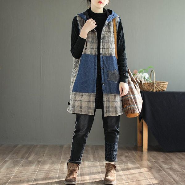 

women's vests retro literary lattice long vest jacket loose casual hooded denim stitching coat female sleeveless oversized waistcoat k, Black;white