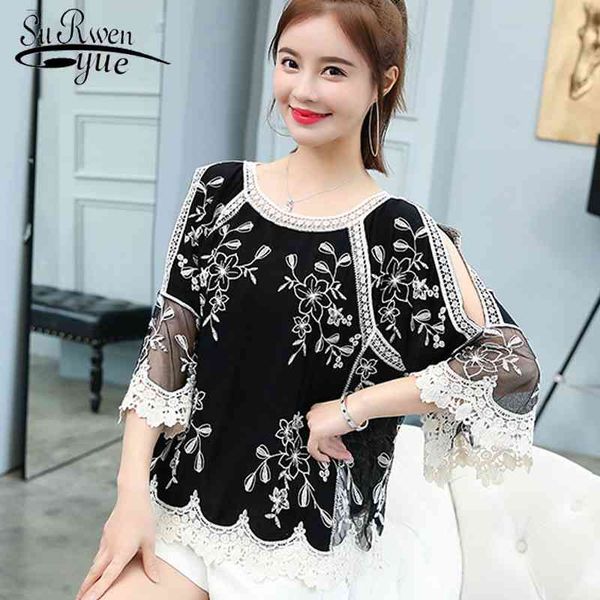 

spring summer embroidery lace blouse flare sleeve hollow out women shirt o-collar casual female ladies clothing 4506 50 210521, White