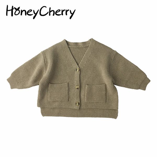 

boy and girl cardigan short front back long knitted sweater pocket solid color toddler 210515, Blue