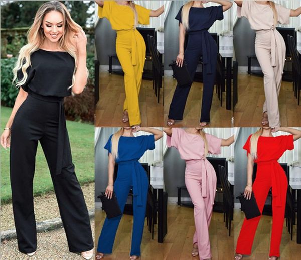 

high waist rompers plain short sleeve jumpsuit women elegant party swallowtail slim 2022 spring summer ladies black wide leg jumpsuits, Black;white