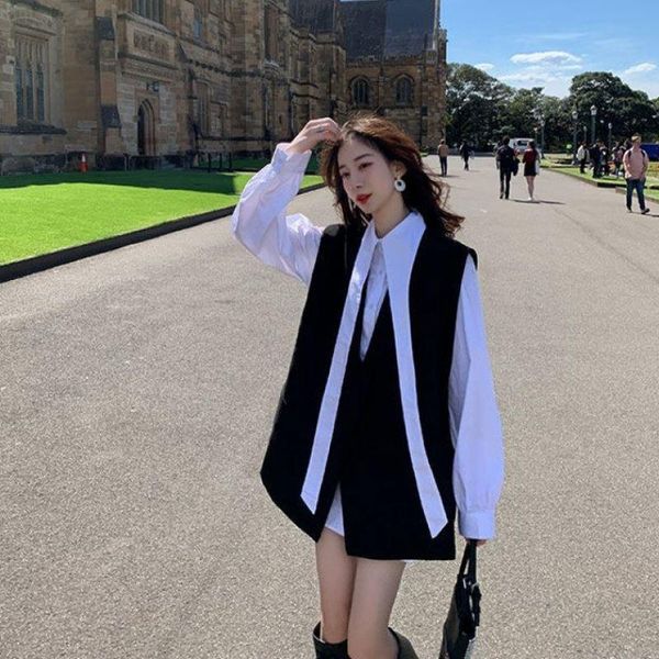 

women's blouses & shirts [two-piece suit] design niche long-sleeved shirt + fashionable outer suit and vest french elegant women cool b, White