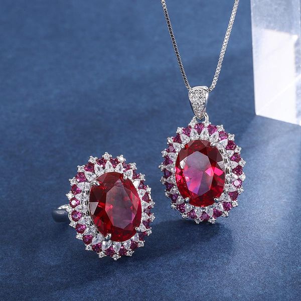 

earrings & necklace eyika charm oval ruby gemstone cubic zircon ring pendant luxury women wedding bridal red stone jewelry sets accessories, Silver