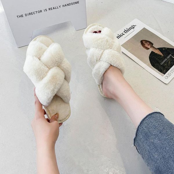 

slippers 2021 women faux fur indoor warm plush lovers flat shoes open toe female fashion slides comfortable girls furry slipper, Black