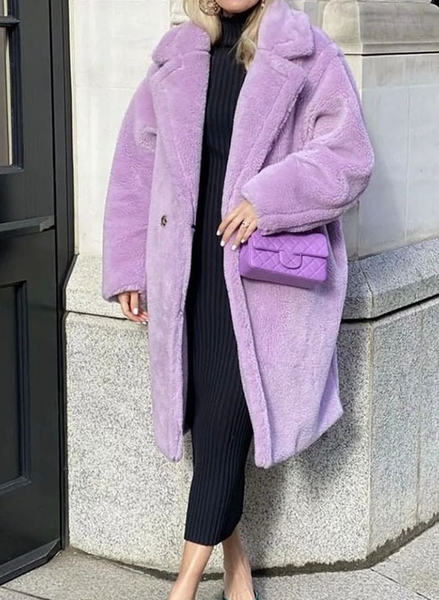 

autumn winter women fashion chic purple teddy coat female buttons pockets lapel collar outerwear girls casual streetwear, Black;brown