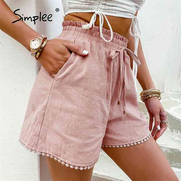 

simplee elastic waist drawstring shorts pocket dusty pink summer shorts woman causal loose lace hollow out side shorts new 210324, White;black