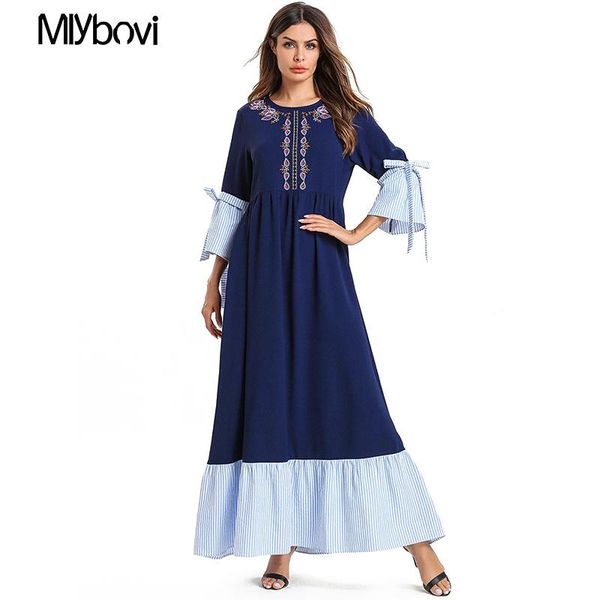

casual dresses women embroidery patchwork dress maxi 4xl with bow navy arabian robe loose female middle eastern, Black;gray
