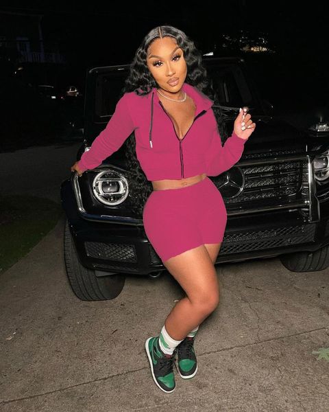 

women's tracksuits mdmupaogit two piece sets women autumn high waist stretchy sportswear hooded crop and shorts matching outfits, Gray