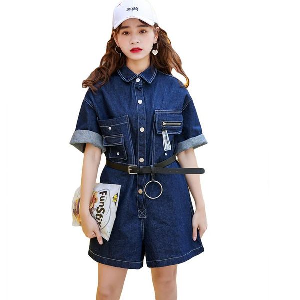 

women's jumpsuits & rompers 2021 women summer pockets denim jumpsuit shorts t-shirt+short overall casual jeans romper blue color bodysu, Black;white
