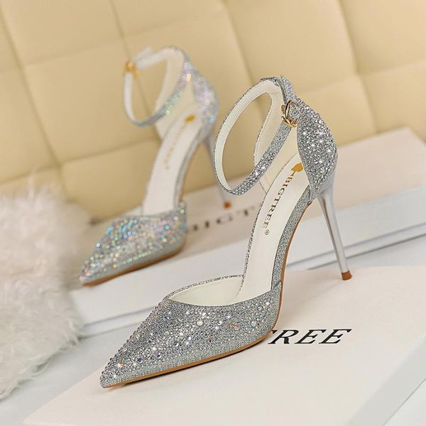 

the korean version is sweet thin heel shallow mouth pointed head shiny rhinestones sandals for women high heels 293-16, Black