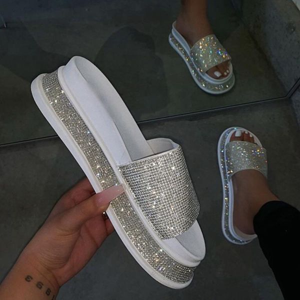 

woman summer rhinestone shoes cross bling slippers outdoor casual beach sandals waterproof platform slides pantufas slipper, Black