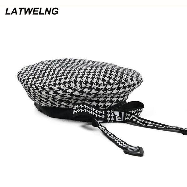 

berets fashion bow tie houndstooth beret for women ladies wedding hat plaid lolita wholesale, Blue;gray