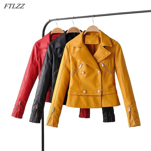 Herbst Frauen Streetwear Schwarz Kurze PU Faux Leder Jacke Casual Weibliche Abnehmbare Reißverschluss Zweireiher Roten Mantel 210430