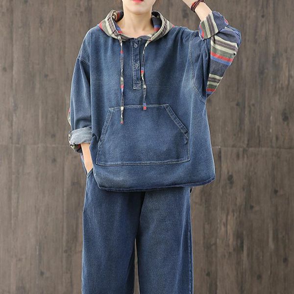 

women's two piece pants 2021 korean fashion ladies loose pieces sets denim vintage suits patchwork back striped hoody and jeans, White