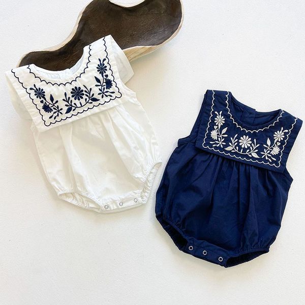 Yaz Bebek Kız Kolsuz Sailor Yaka Nakış Rompers Doğan Çocuk Bebek Giysi Tulumları 210429