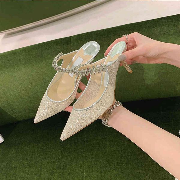 

slippers women's high heels, transparent, thin-bill rhinestones, half-slippers, z9ia, Black