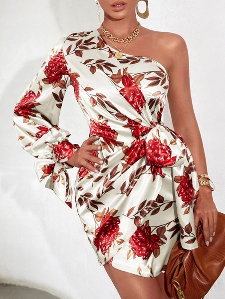 

floral print one shoulder knot side satin dress w0za#, Black;gray