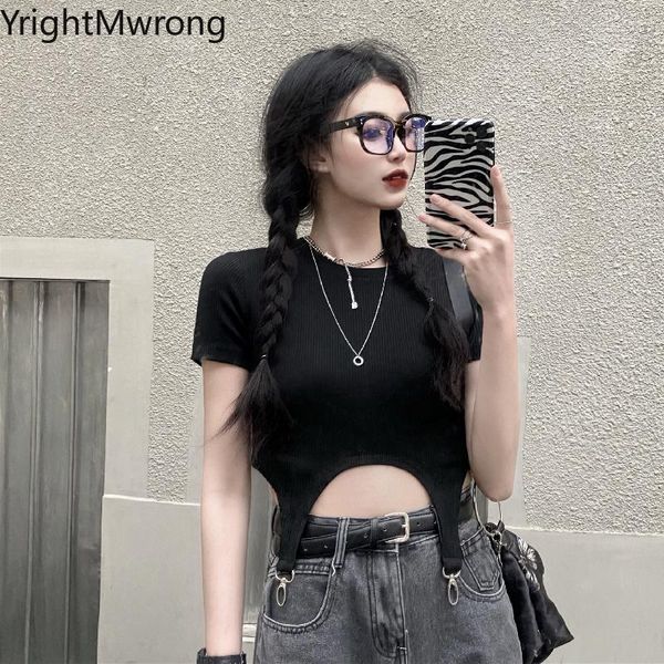 

ribbed solid irregular ring bodycon stretch t-shirt women crop t shirt streetwear aesthetic tee summer cropped gothic women's, White