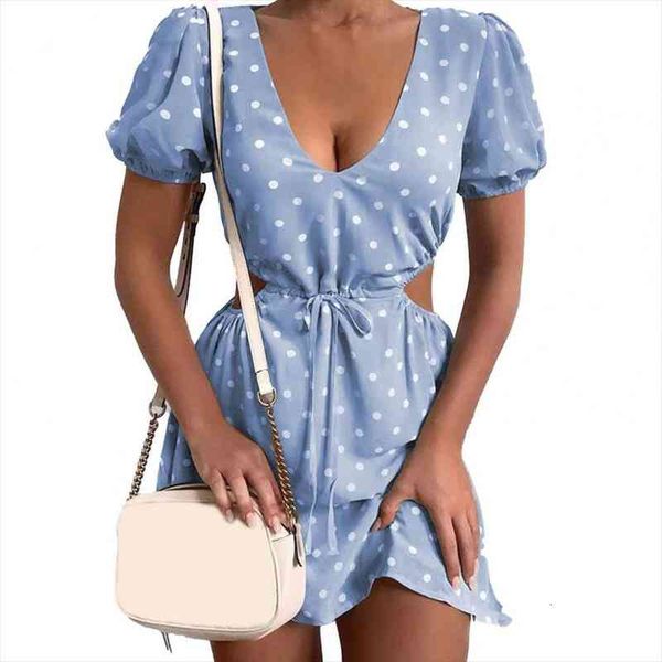 

polka dot print soft women dress hollow waist dating, Black;gray