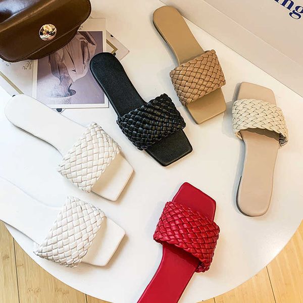 

llogai fashion temperament braided charm open-toe flat slippers set foot vacation beach sandals casual flip flop shoes 210626, Black