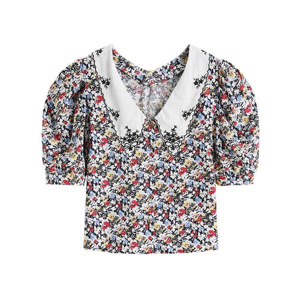 

women's blouses & shirts 2021 summer women sweet elegant blouse vintage floral print lapel embroidery five-point sleeve shirt brand lux, White