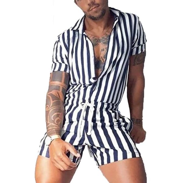 

men's shorts summer fashion striped jumpsuit button lapel t-shirts drawstring homme daily home casual beach brand clothing, White;black