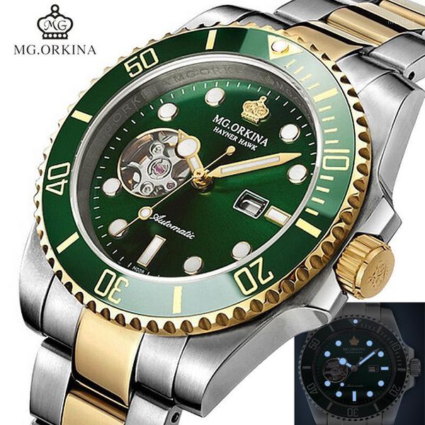 

mechanical wrist watches men stainless steel 316l mg.orkina green automatic self winding mens watch waterproof luminous clock wristwatches, Slivery;brown