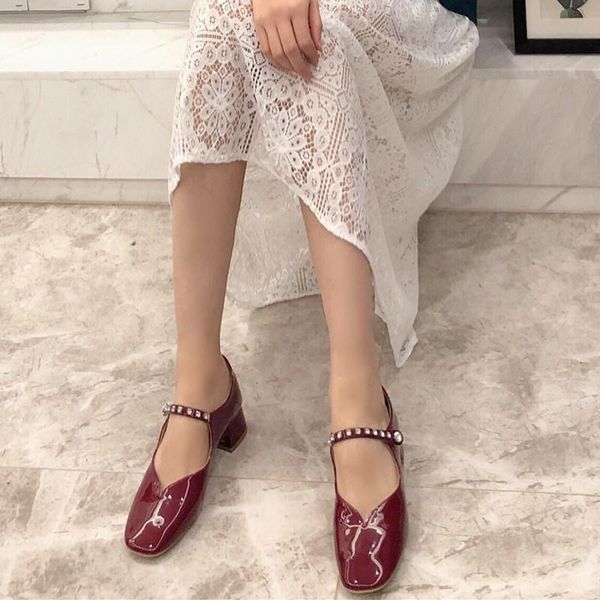 

dress shoes 2021 spring women crystal sqaure high heels pumps female square toe lolita vintage patent leather thick party, Black