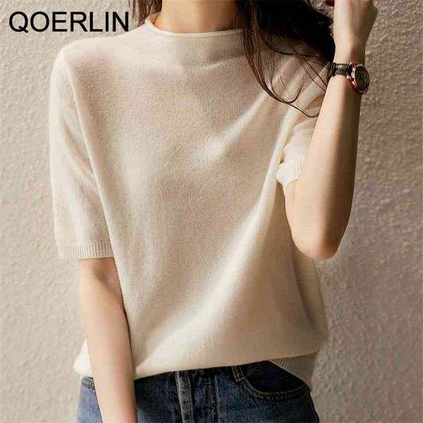 

sale summer stand collar t-shirt half sleeve knit sweater slim basic tee shirts black white wear 210601