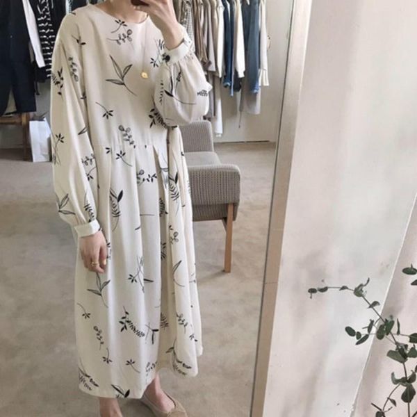 

casual dresses women autumn floral long pleated dress sleeve high waist chiffon round collar loose plus size, Black;gray