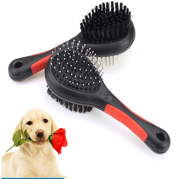 Dois lados escova de cabelo pincel duplo-lateral animal de estimação grooming escovas ancinhos ferramentas de massagem plástica pente com agulha