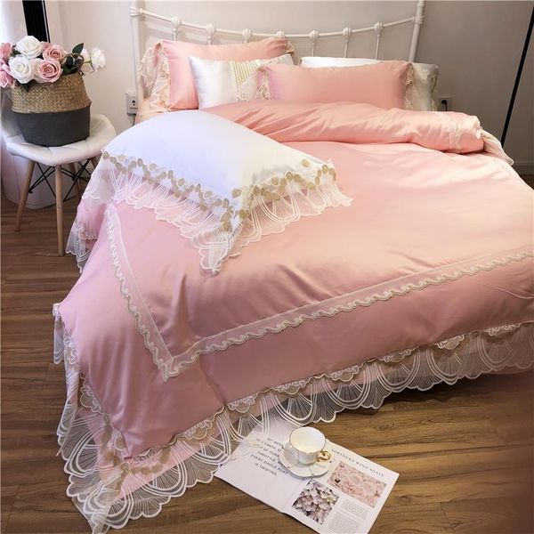 

bedding sets luxury princess style pink blue white purple washed silk cotton wedding set lace duvet cover bed pillowcases sheet/linen