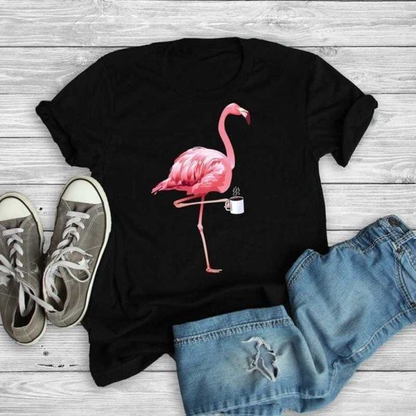 Flamingo Coffee Stampa T Shirt Donna Manica corta O Collo Maglietta allentata Estate Donna Tee Shirt Top Camisetas Mujer X0527