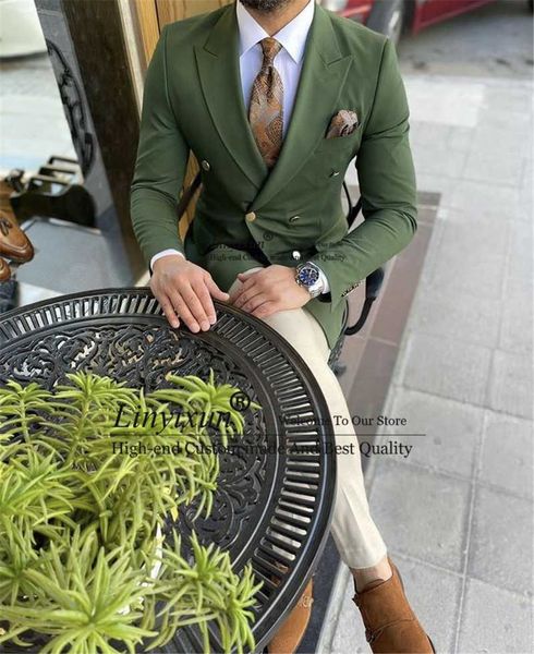 

men's suits & blazers green 2 piece jacket pants sets double breasted wedding tuxedos groom wear party prom blazer suit costume homme, White;black