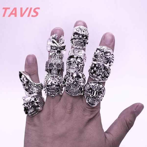 

20 pieces/lot vintage punk big skull rings wholesale gold silver tin alloy bohemian statement skeleton ring men jewelry