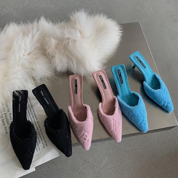 

slippers 2021 fashion pointed toe women slip on mules dress slides female outsides elegant ladies, Black