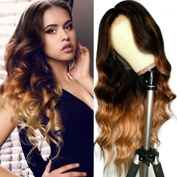 

ombre 4x4 lace closure human hair wigs peruvian body wave 180% 250% density 26inches pre pucked 100% wig for black women1, Black;brown