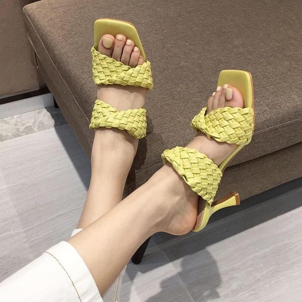 

shoes thin heels woman's slippers heeled mules luxury slides low square toe 2021 high designer summer fabric rome basic pu, Black