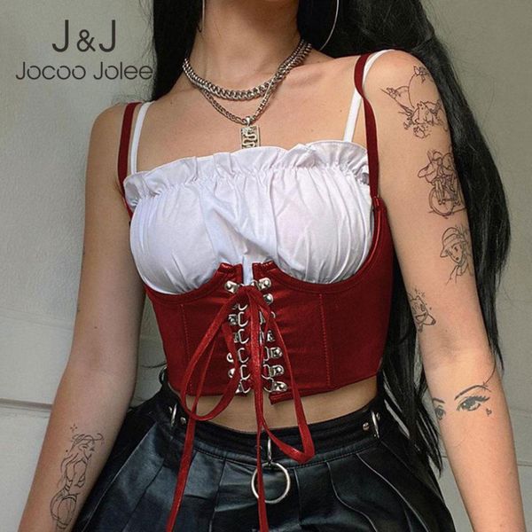 

jocoo jolee women gothic pu leather punk style solid streetwear crop lace up buttons girdle corset party club 210518, White