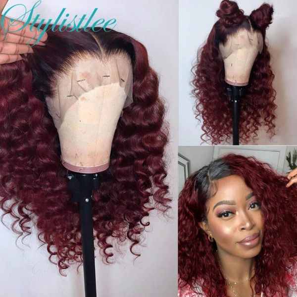 

burgundy lace front wig 1b/99j human hair curly brazilian pre plucked bob frontal for women wigs1, Black;brown